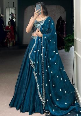Blue Embroidered Blended Lehenga Set With Dupatta