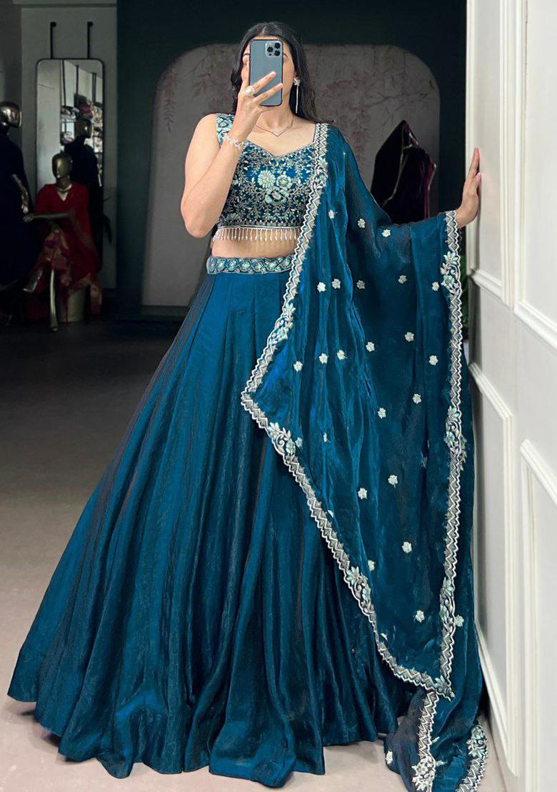 Blue Embroidered Blended Lehenga Set With Dupatta - Indya