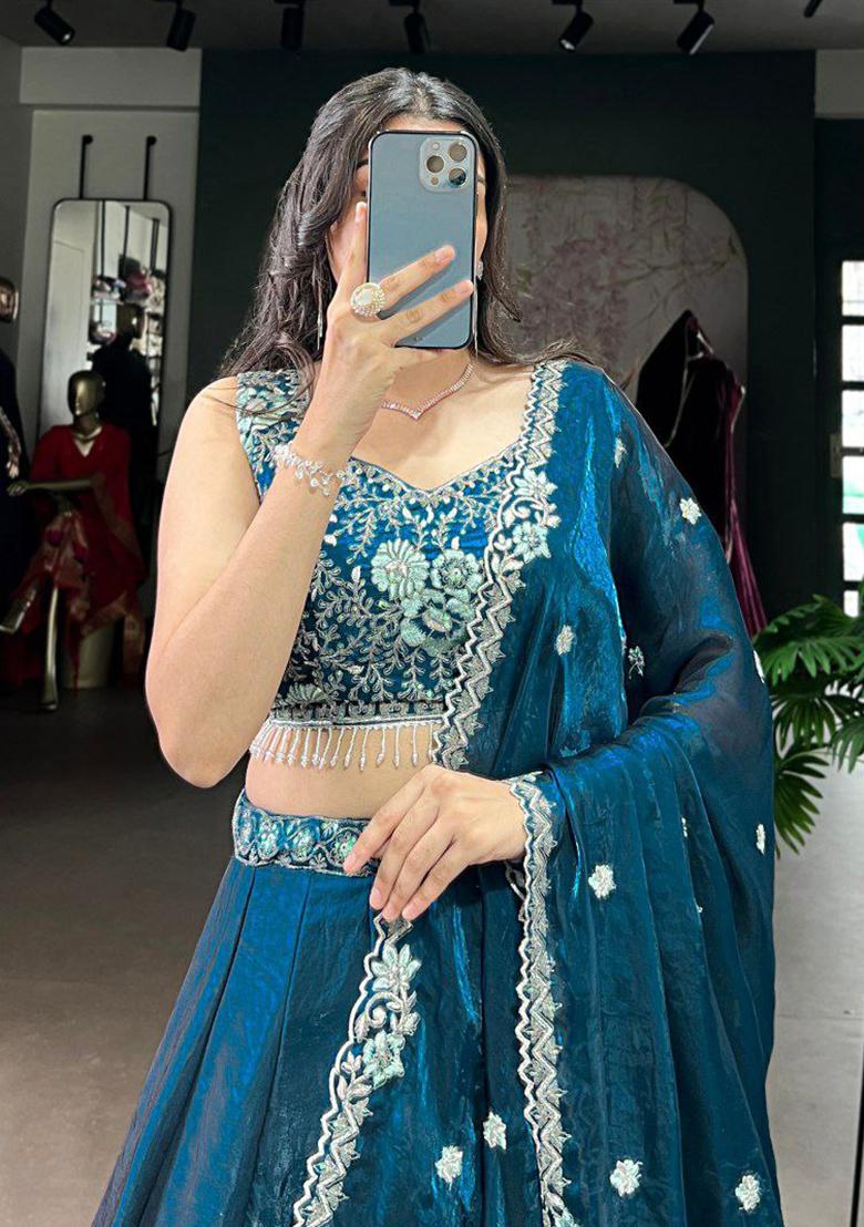Blue Embroidered Blended Lehenga Set With Dupatta - Indya