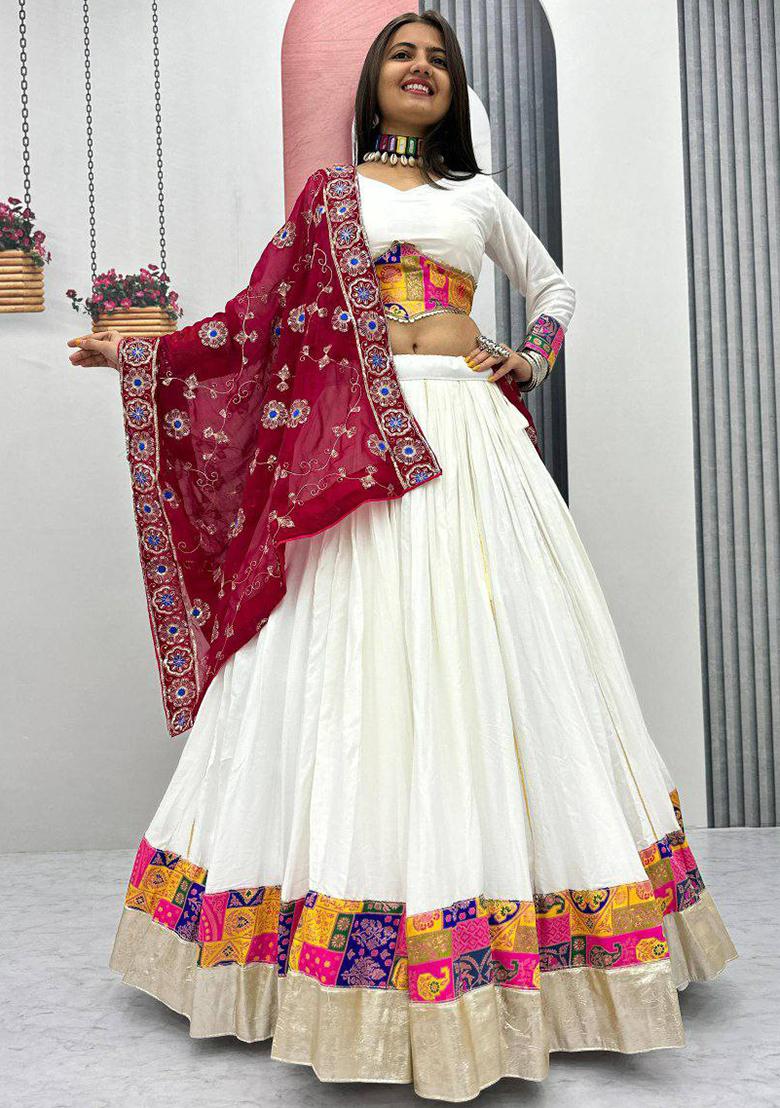 White Embroidered Blended Lehenga Set With Dupatta - Indya
