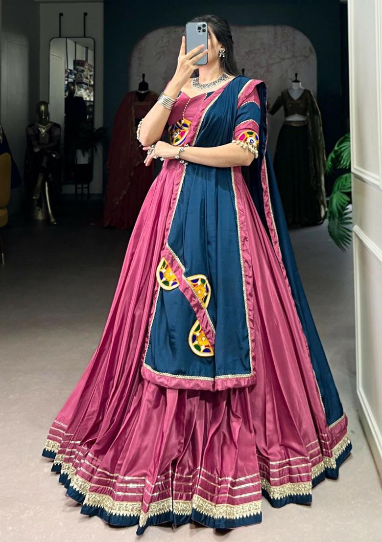 Pink Embroidered Blended Lehenga Set With Dupatta - Indya