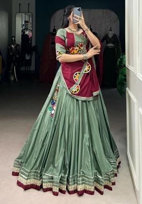 Green Embroidered Blended Lehenga Set With Dupatta