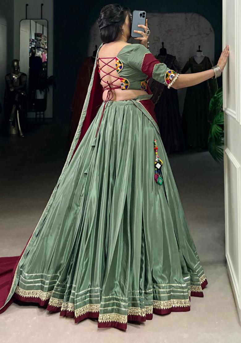 Green Embroidered Blended Lehenga Set With Dupatta - Indya