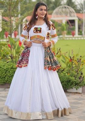 White Embroidered Blended Lehenga Set With Dupatta