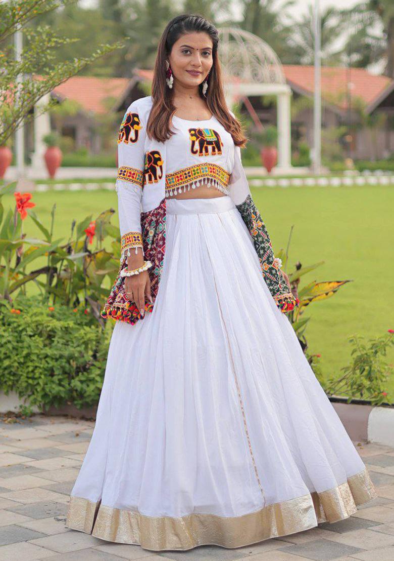 White Embroidered Blended Lehenga Set With Dupatta - Indya
