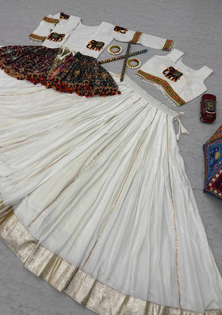 White Embroidered Blended Lehenga Set With Dupatta - Indya