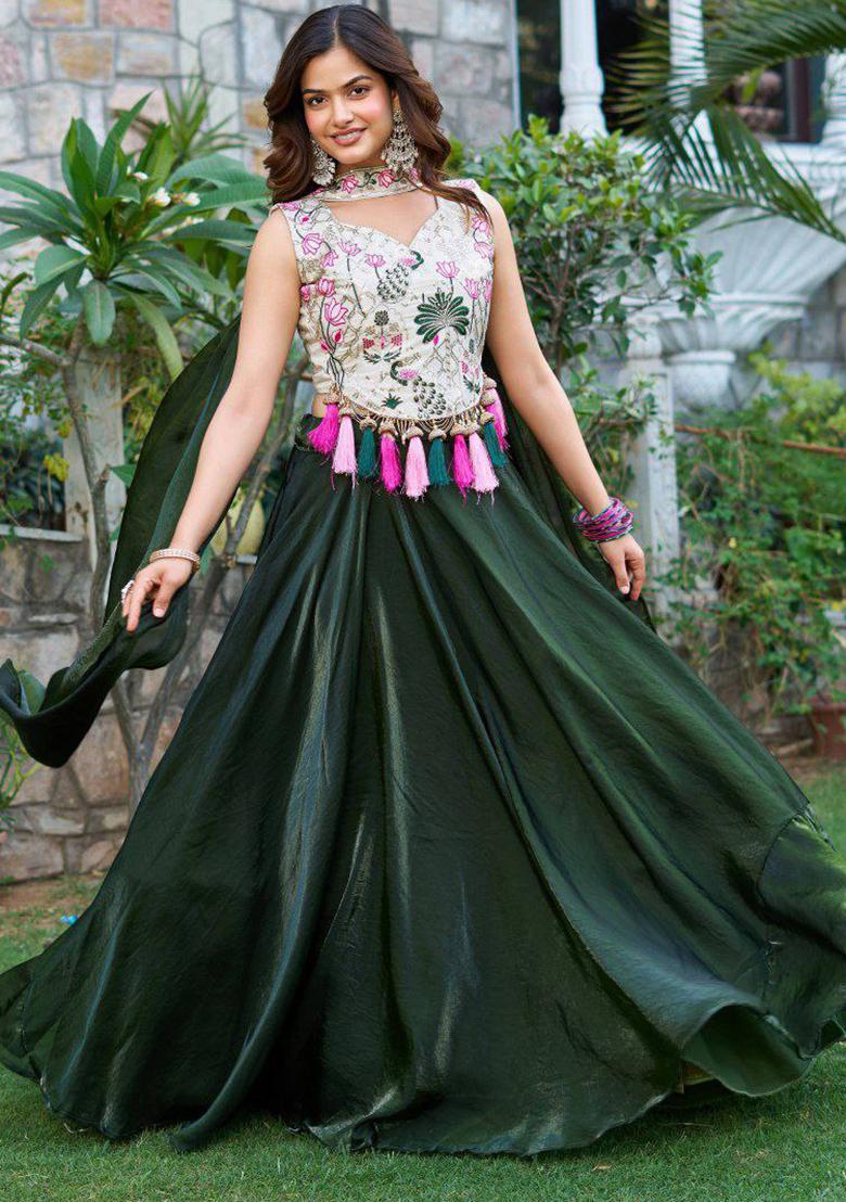 Green Embroidered Blended Lehenga Set With Dupatta - Indya