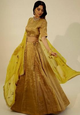 Yellow Solid Blended Lehenga Set With Dupatta
