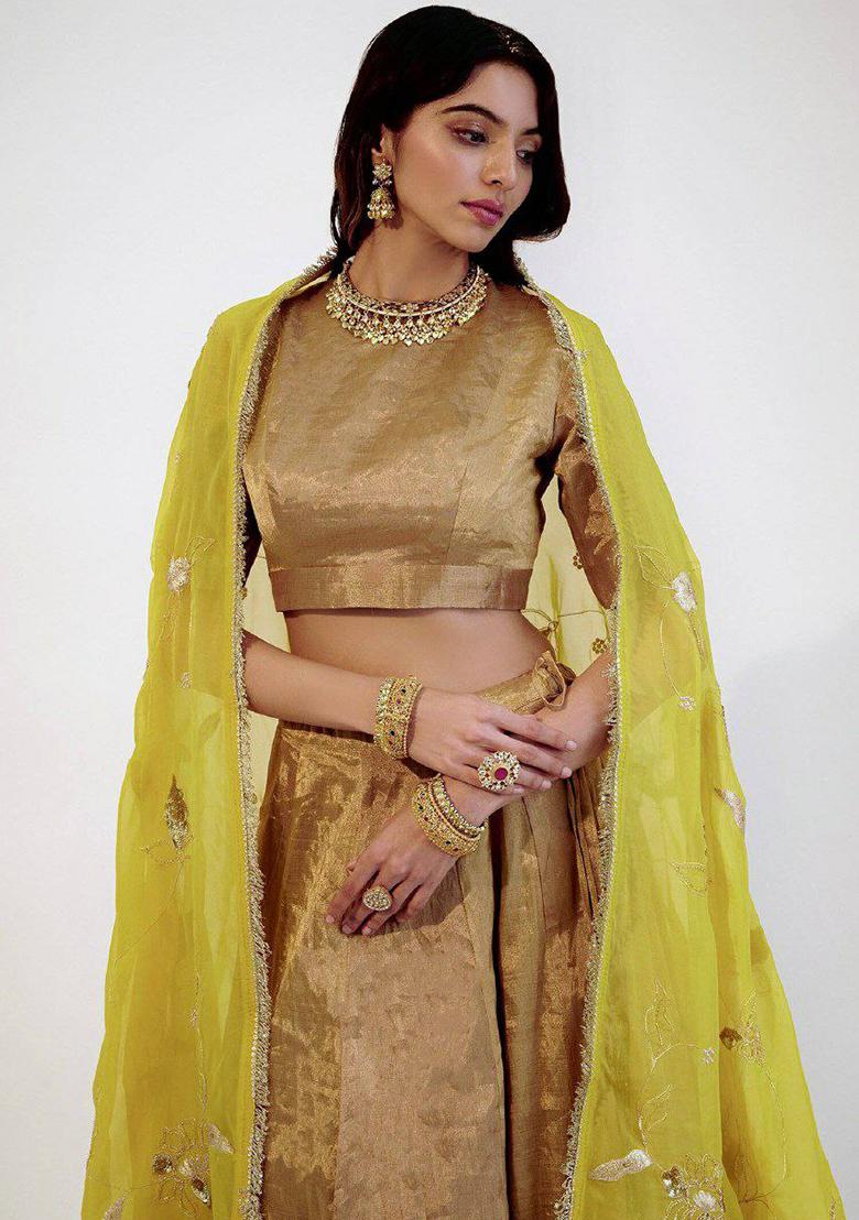 Yellow Solid Blended Lehenga Set With Dupatta - Indya