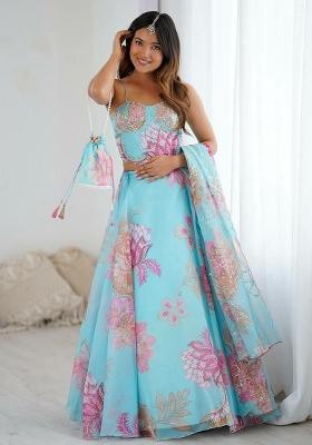 Sky Blue Printed Blended Lehenga Set With Dupatta