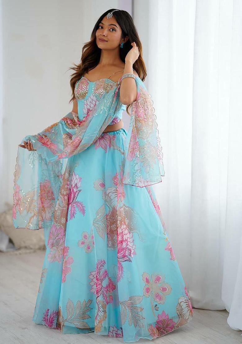 Sky Blue Printed Blended Lehenga Set With Dupatta - Indya