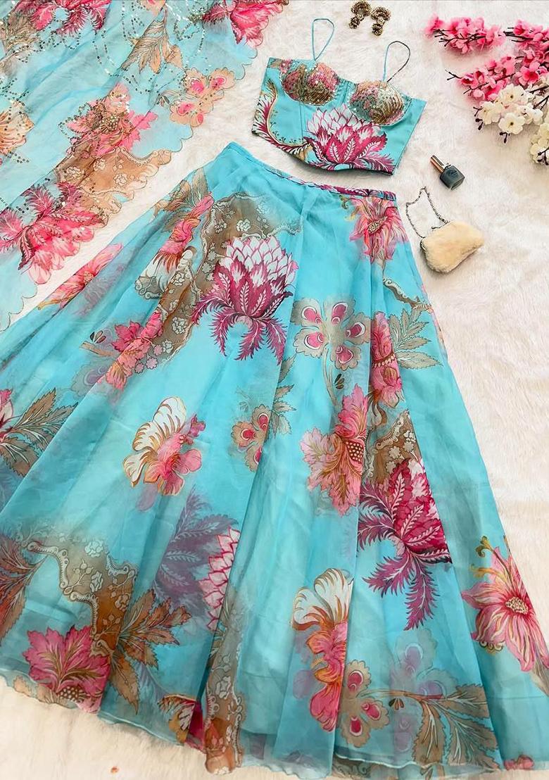 Sky Blue Printed Blended Lehenga Set With Dupatta - Indya