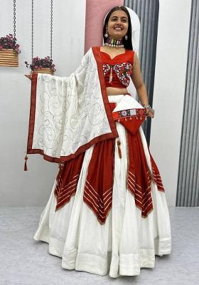 White Embroidered Blended Lehenga Set With Dupatta