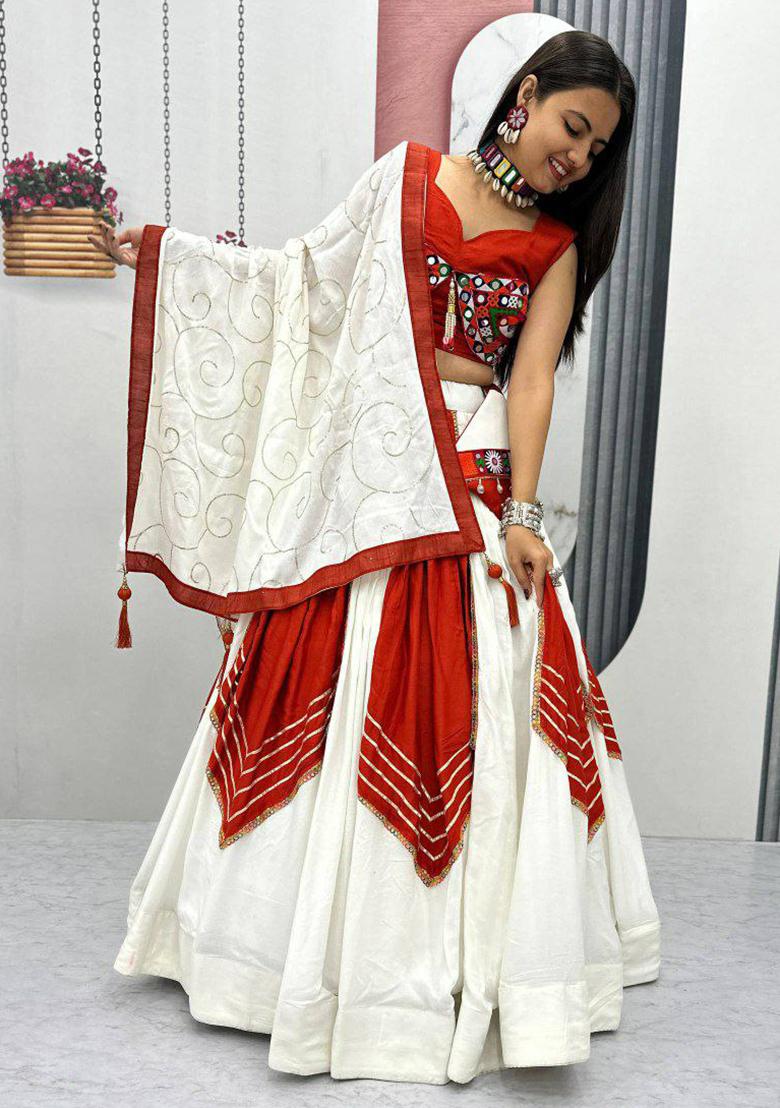White Embroidered Blended Lehenga Set With Dupatta - Indya
