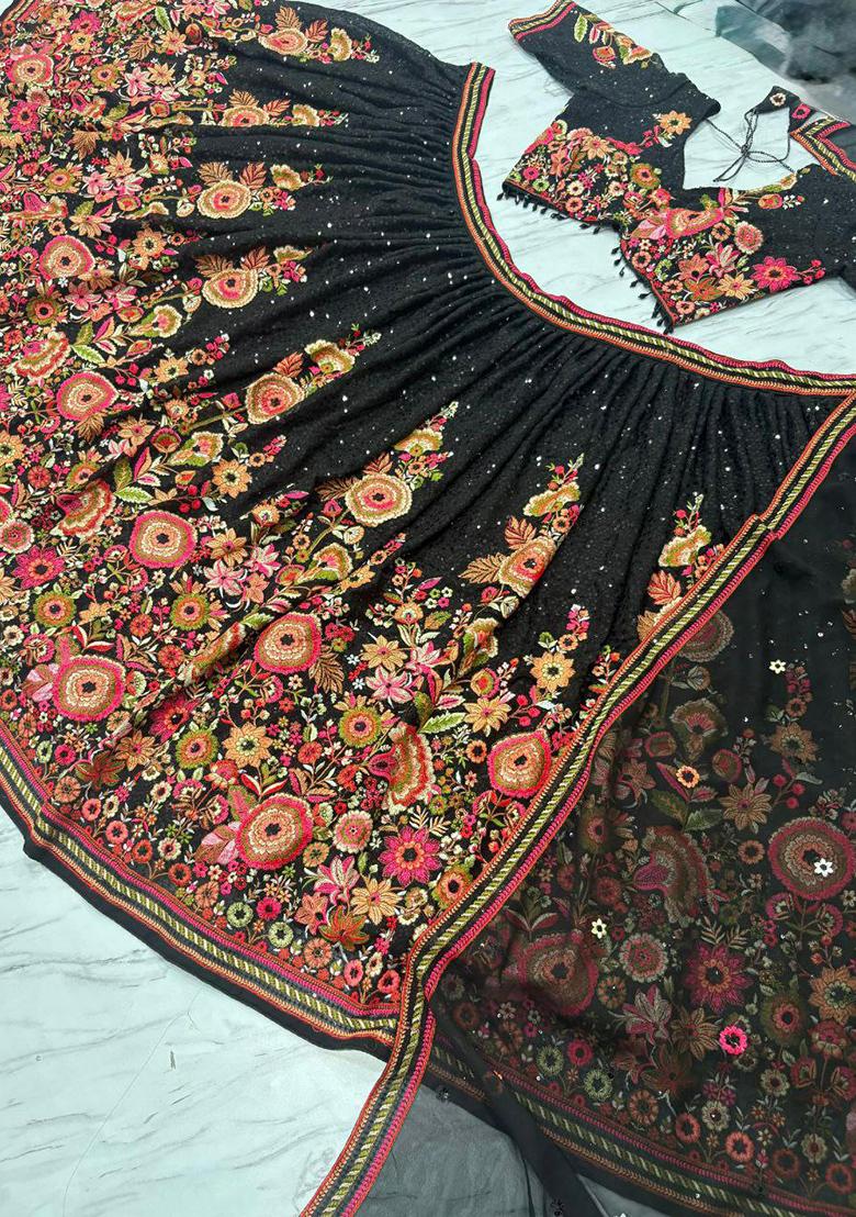 Black Embroidered Blended Lehenga Set With Dupatta - Indya