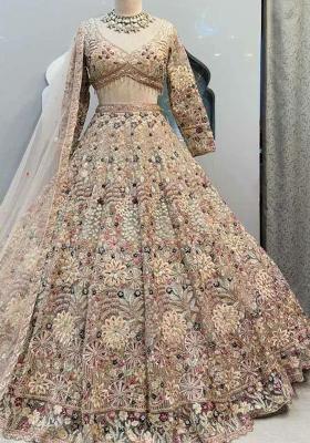 Cream Embroidered Blended Lehenga Set With Dupatta