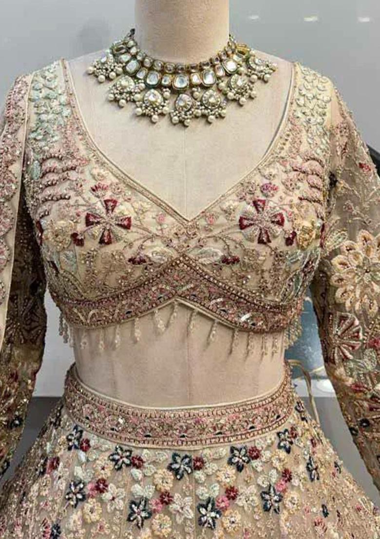 Cream Embroidered Blended Lehenga Set With Dupatta - Indya