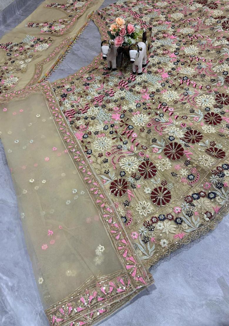 Cream Embroidered Blended Lehenga Set With Dupatta - Indya