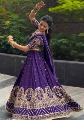 Purple Embroidered Blended Lehenga Set With Dupatta