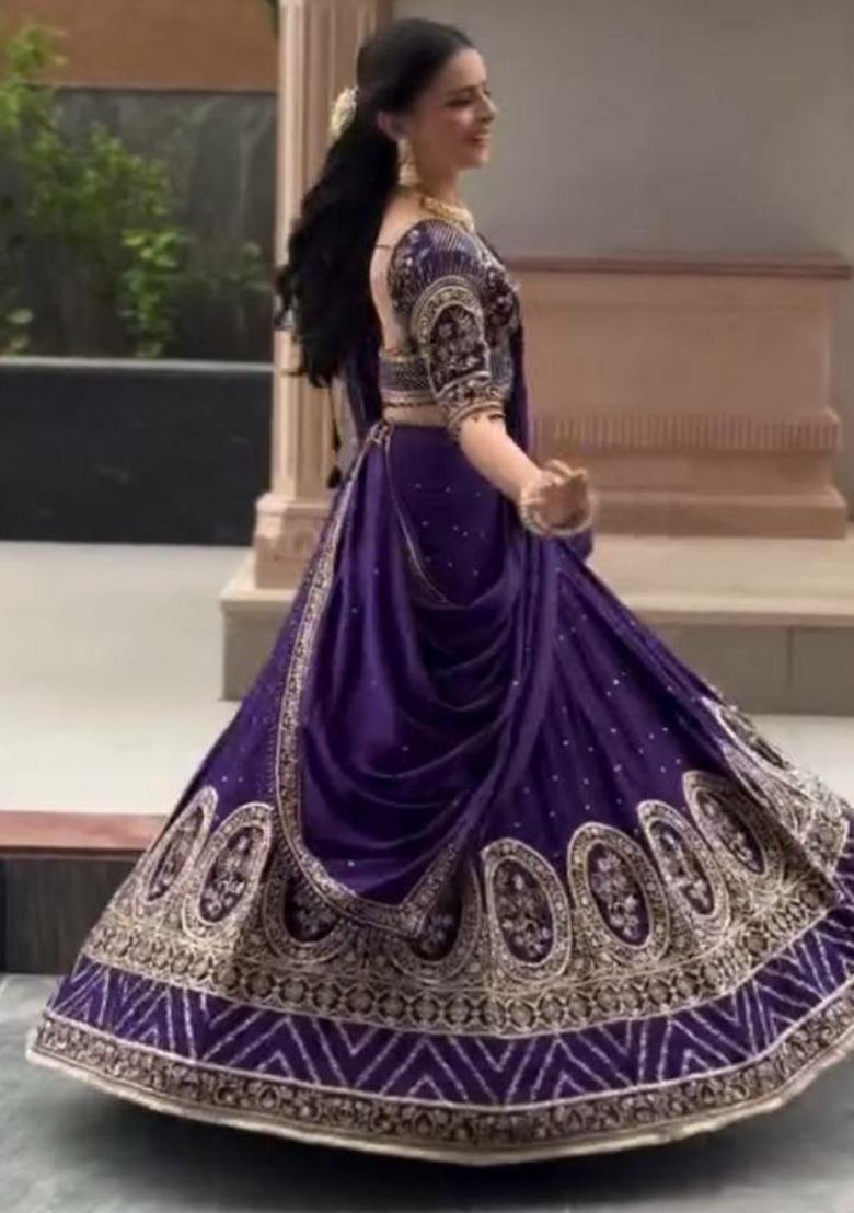 Purple Embroidered Blended Lehenga Set With Dupatta - Indya