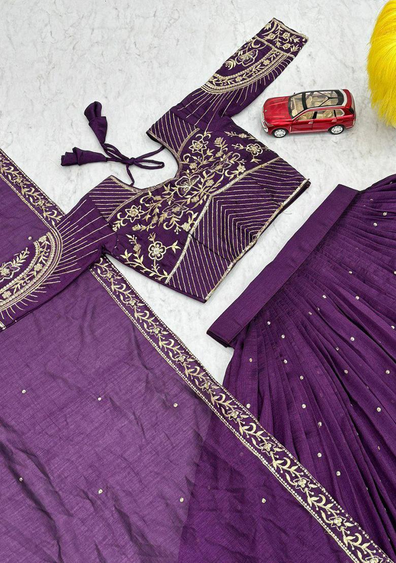 Purple Embroidered Blended Lehenga Set With Dupatta - Indya