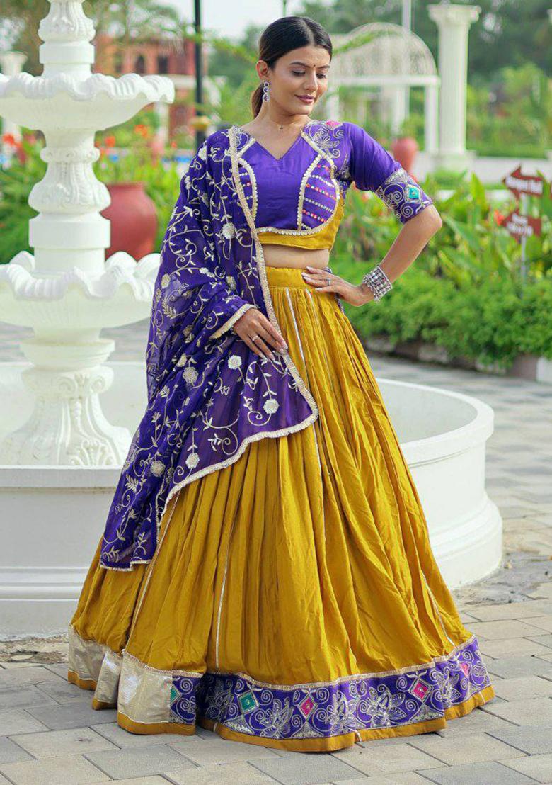 Yellow Embroidered Blended Lehenga Set With Dupatta - Indya