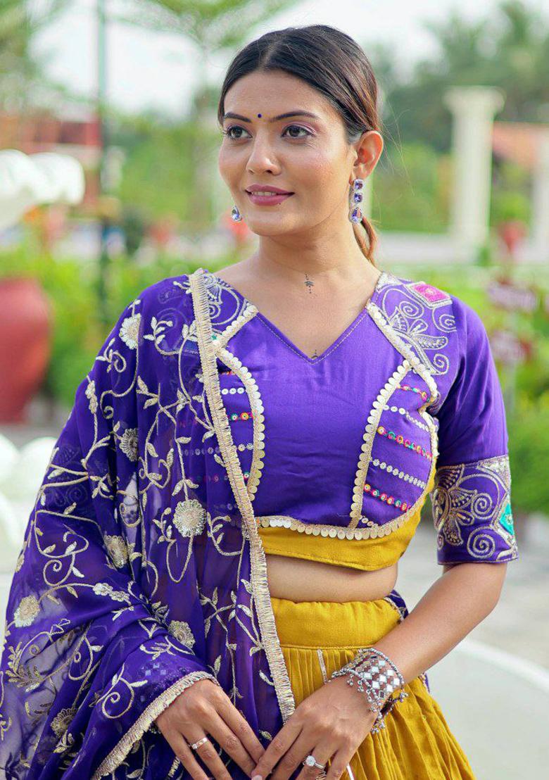 Yellow Embroidered Blended Lehenga Set With Dupatta - Indya