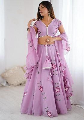 Purple Embroidered Blended Lehenga Set With Dupatta