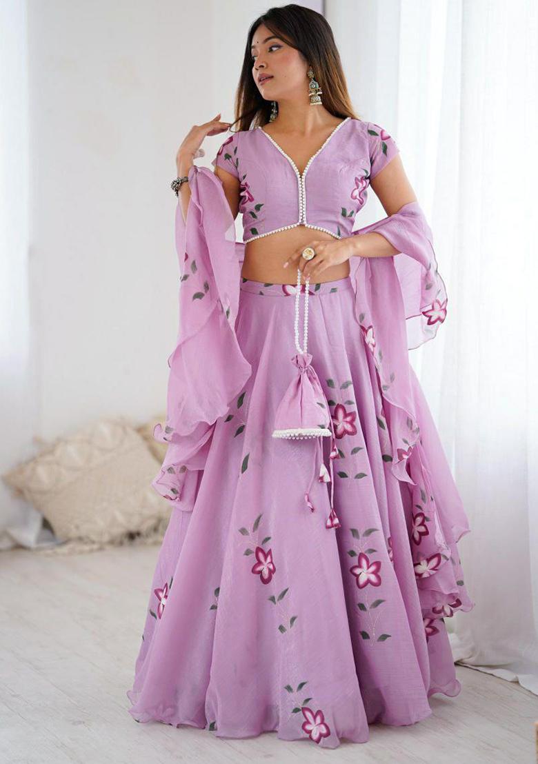 Purple Embroidered Blended Lehenga Set With Dupatta - Indya
