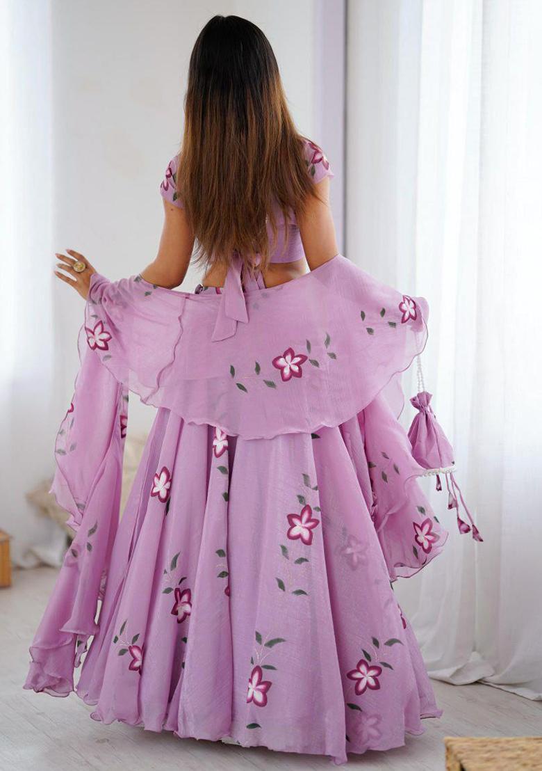 Purple Embroidered Blended Lehenga Set With Dupatta - Indya
