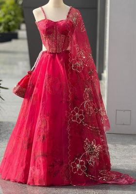 Red Embroidered Blended Lehenga Set With Dupatta