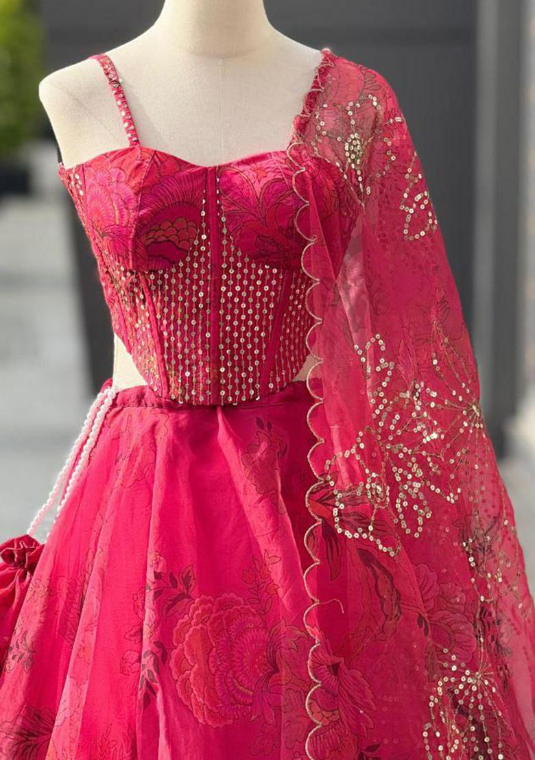 Red Embroidered Blended Lehenga Set With Dupatta - Indya