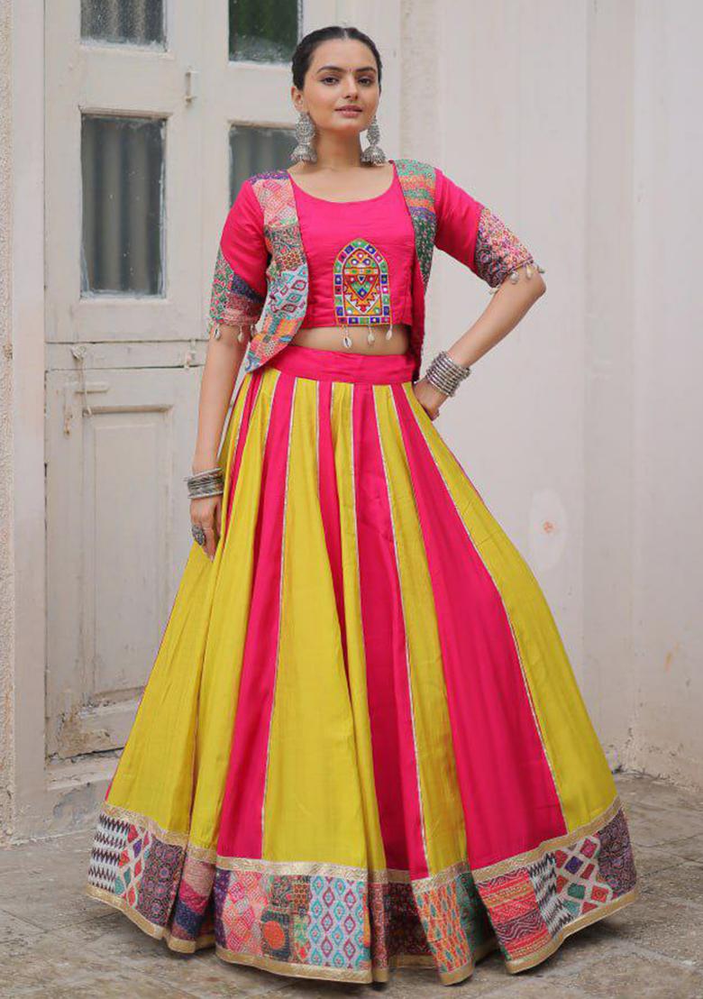 Multi Color Embroidered Blended Lehenga Set With Dupatta - Indya