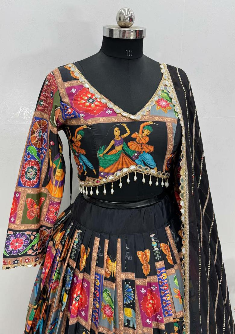 Black Embroidered Blended Lehenga Set With Dupatta - Indya