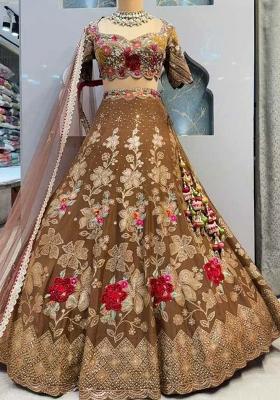 Brown Embroidered Blended Lehenga Set With Dupatta
