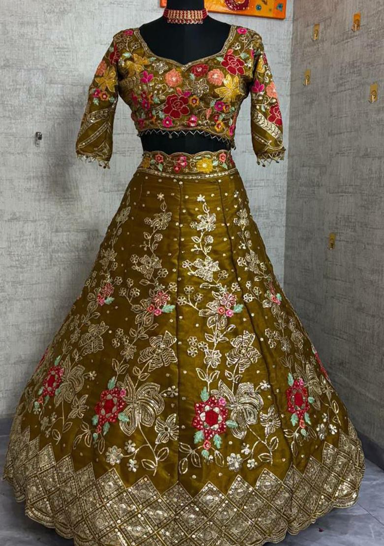 Brown Embroidered Blended Lehenga Set With Dupatta - Indya