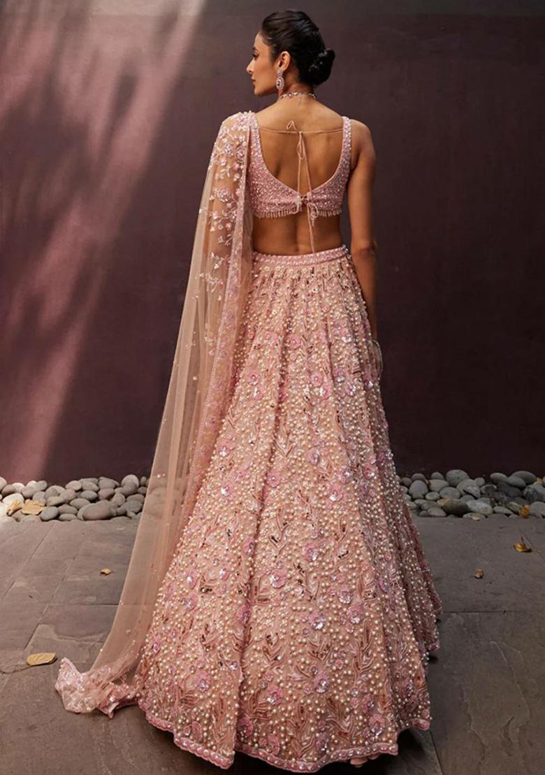 Pink Embroidered Blended Lehenga Set With Dupatta - Indya