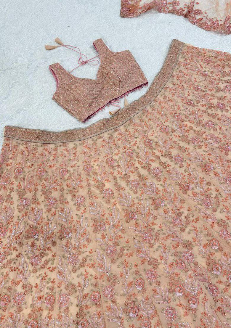 Pink Embroidered Blended Lehenga Set With Dupatta - Indya