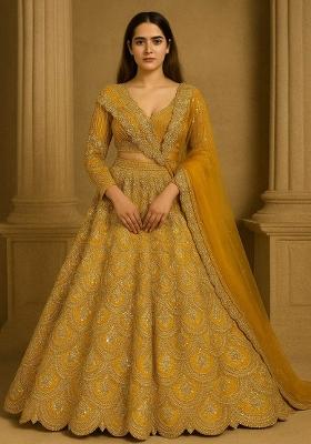 Yellow Embroidered Blended Lehenga Set With Dupatta
