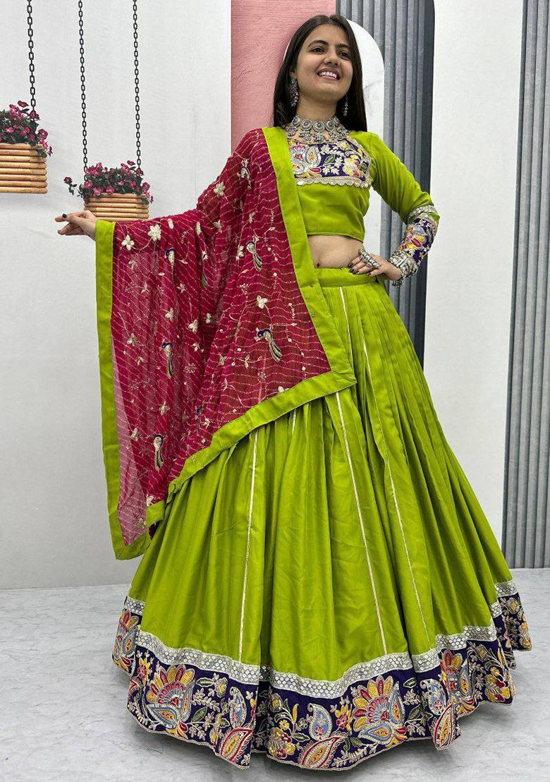 Green Embroidered Blended Lehenga Set With Dupatta - Indya