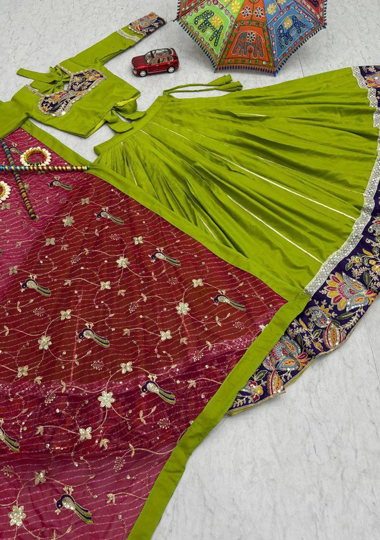 Green Embroidered Blended Lehenga Set With Dupatta - Indya