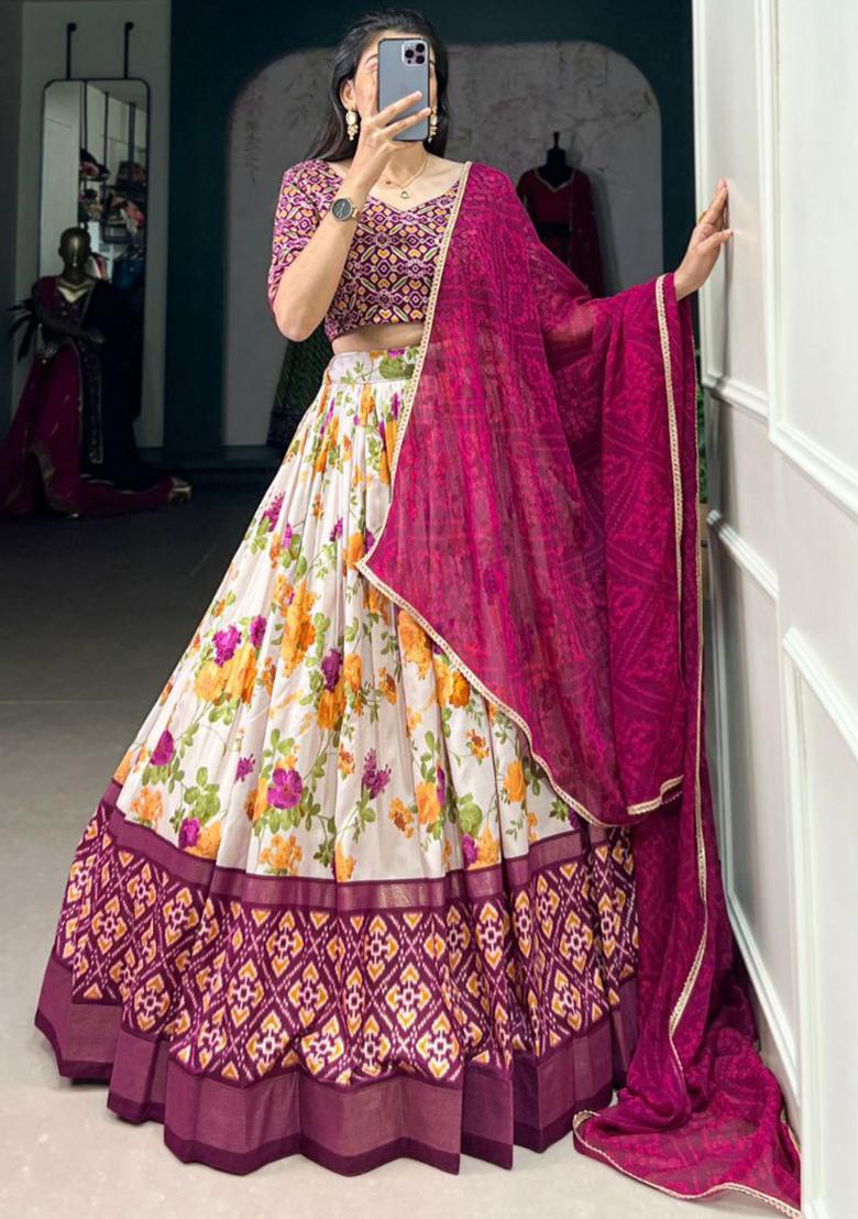 Burgundy Embroidered Blended Lehenga Set With Dupatta - Indya