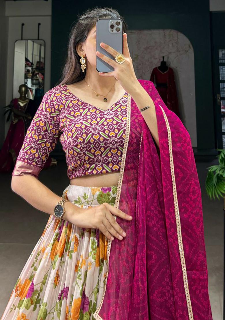 Burgundy Embroidered Blended Lehenga Set With Dupatta - Indya