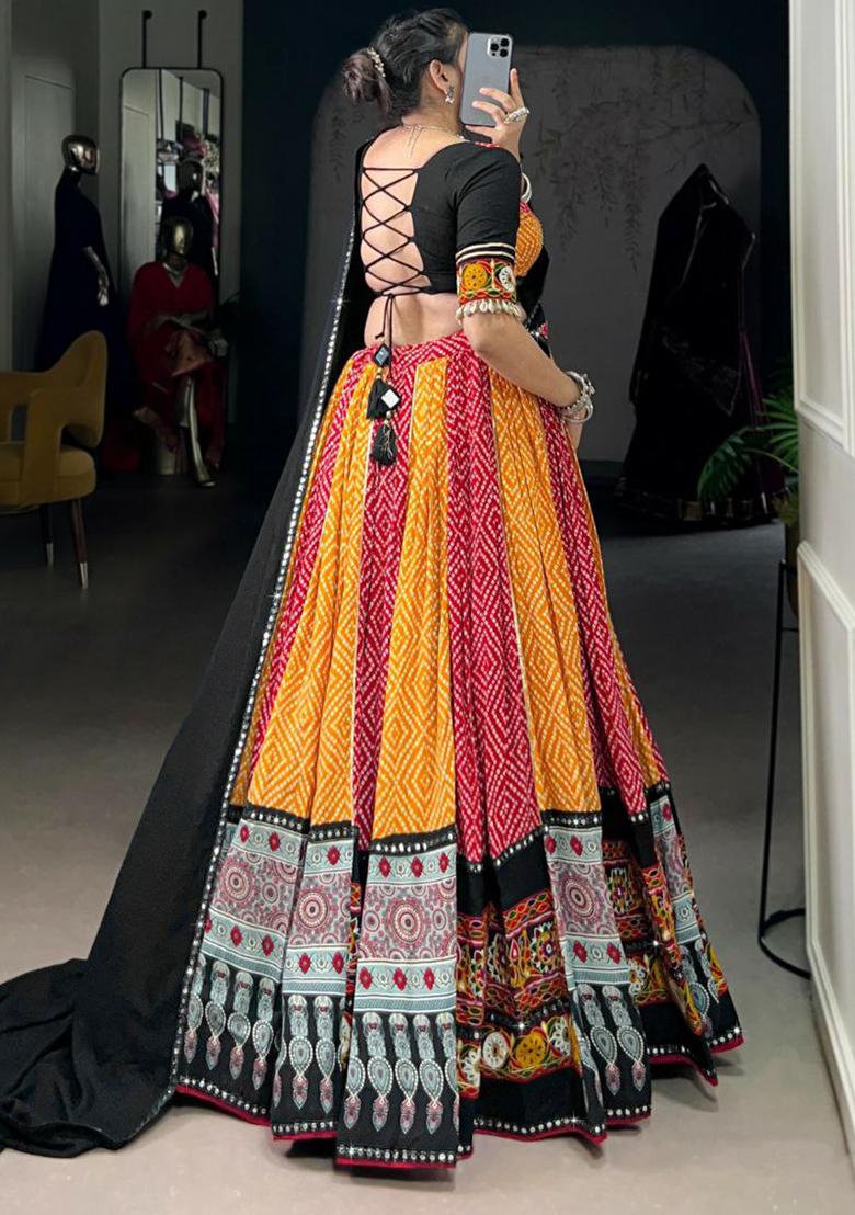 Black Embroidered Blended Lehenga Set With Dupatta - Indya