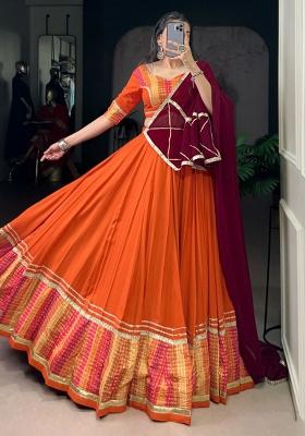 Orange Embroidered Blended Lehenga Set With Dupatta