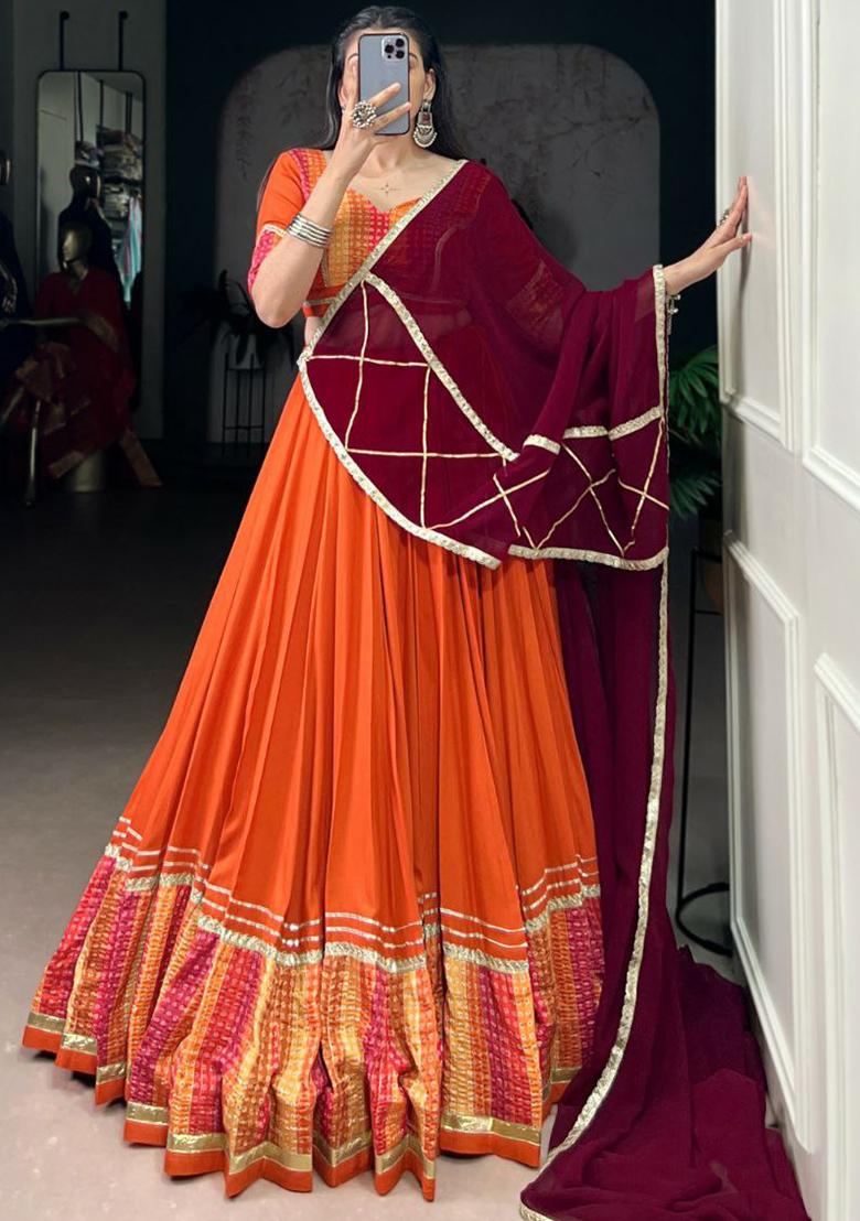 Orange Embroidered Blended Lehenga Set With Dupatta - Indya