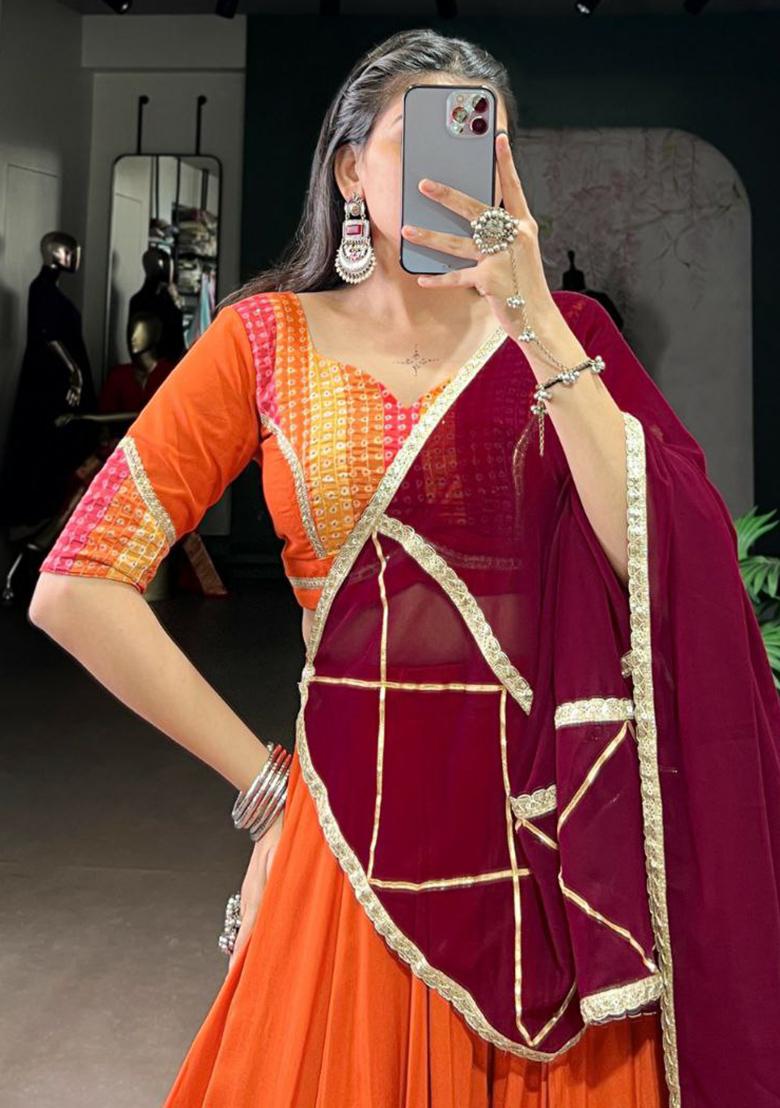 Orange Embroidered Blended Lehenga Set With Dupatta - Indya