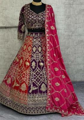 Multi Color Embroidered Blended Lehenga Set With Dupatta