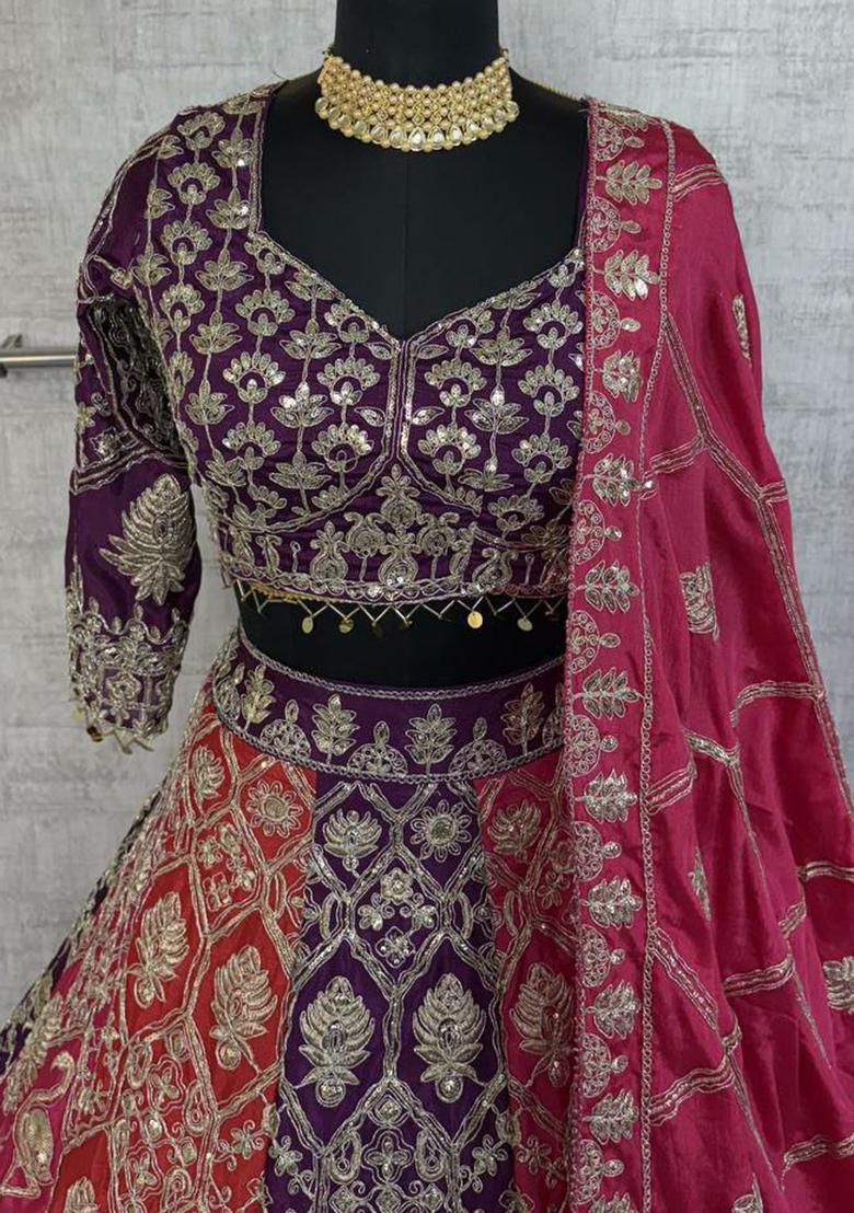 Multi Color Embroidered Blended Lehenga Set With Dupatta - Indya