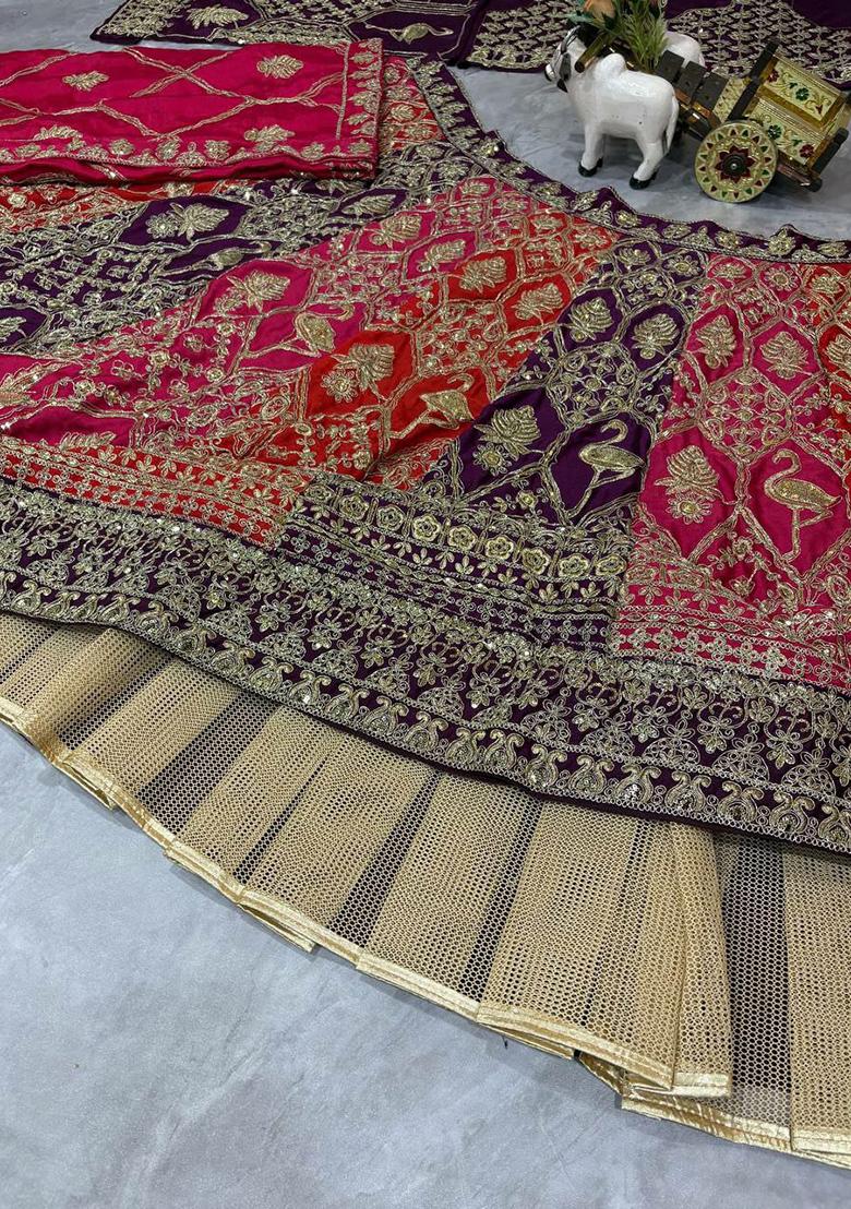 Multi Color Embroidered Blended Lehenga Set With Dupatta - Indya